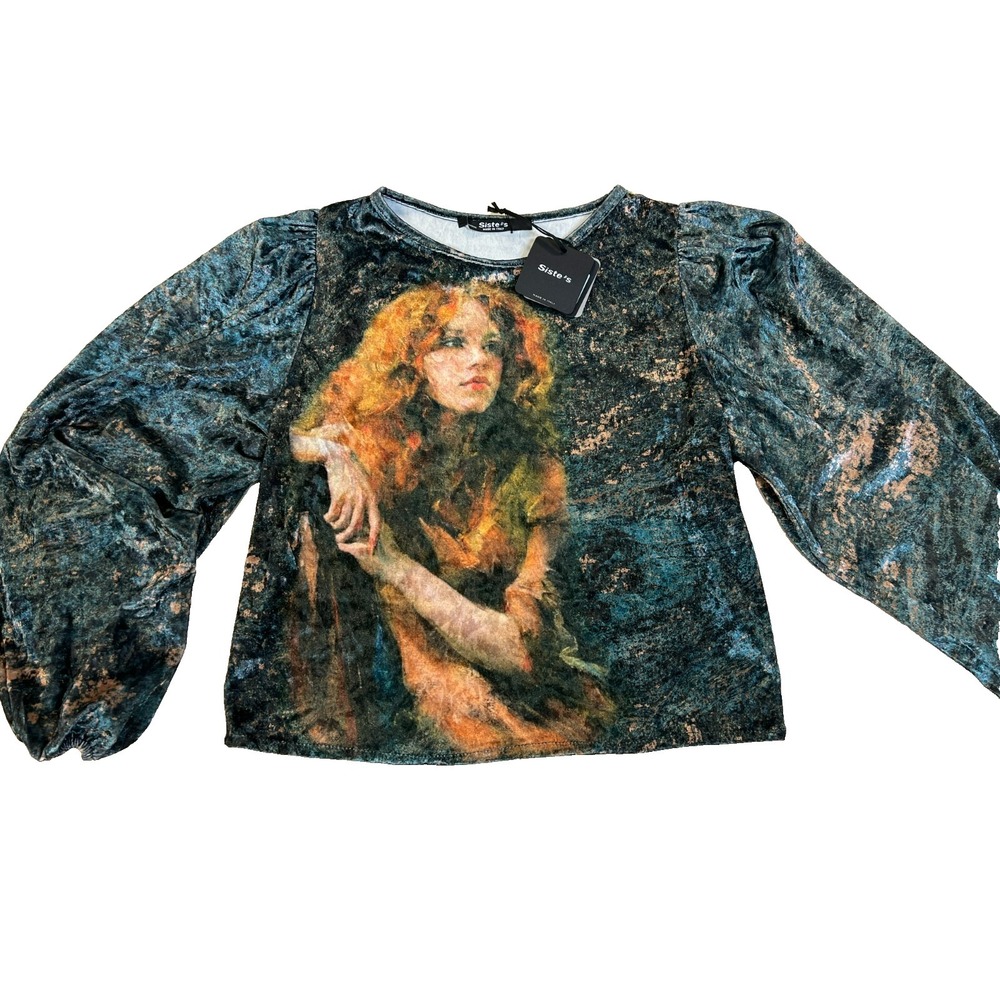 NEW Siste's Made in Italy Velvety Portrait Top Long Puff Sleeves Scoop Neck, S